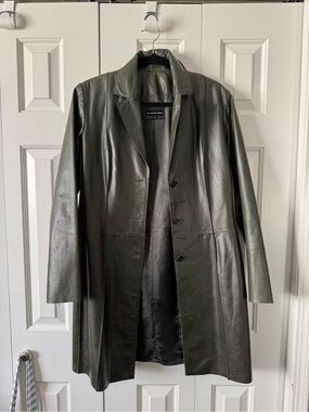Dark Green Olive Long Leather Jacket